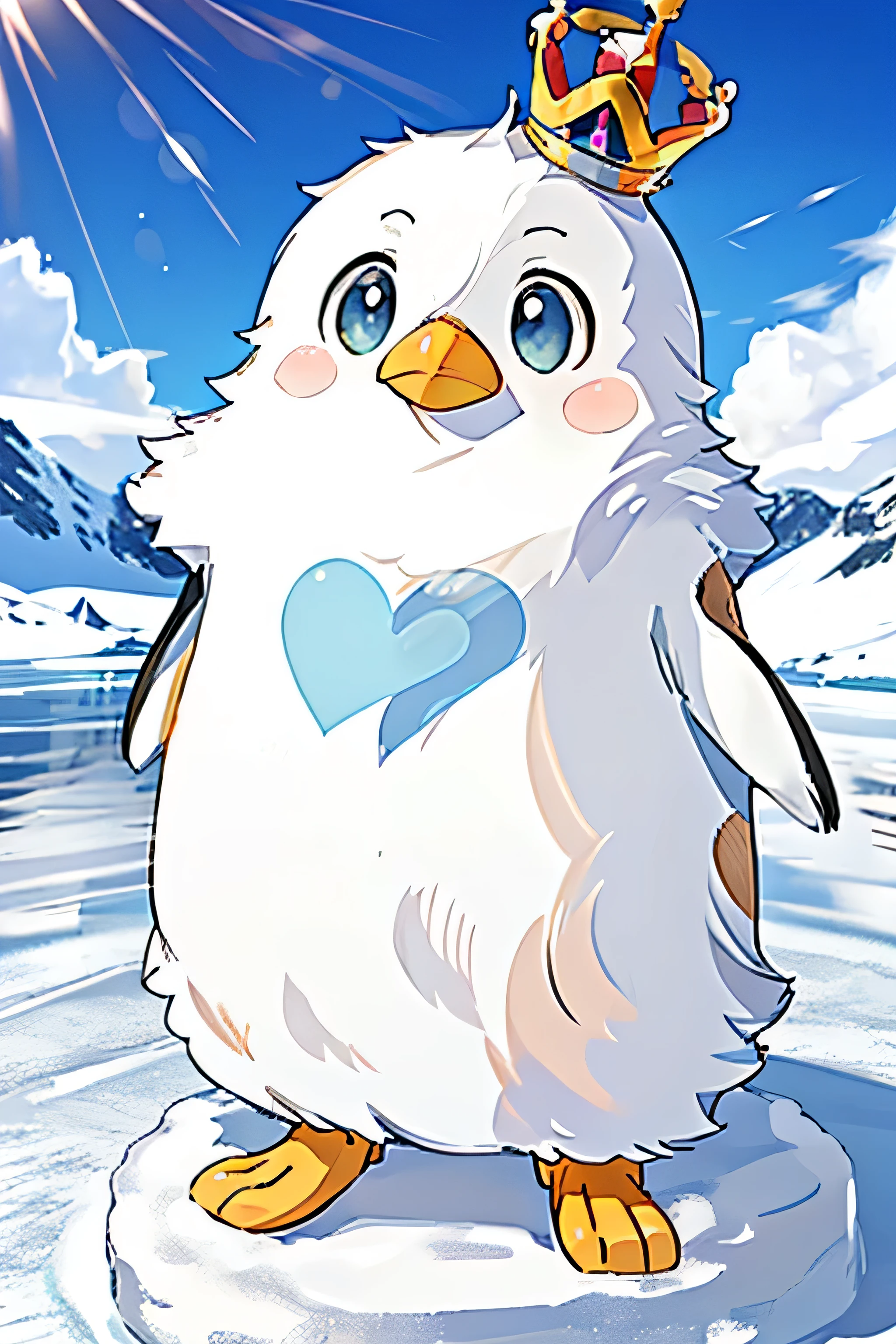 penguin，cute，highest quality，。.3D,8K，Being on the ice，putting on a crown，Draw large on the screen