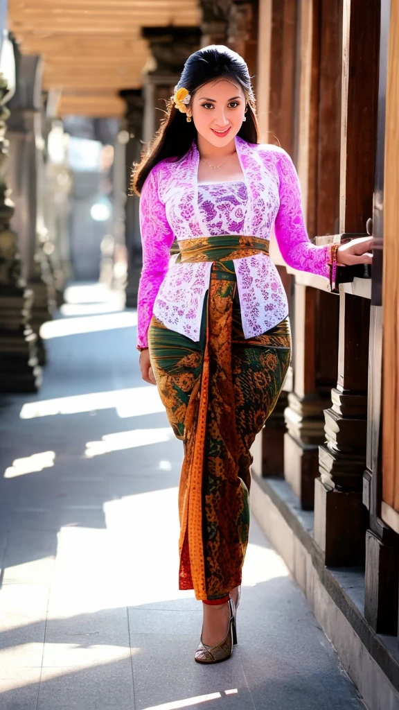 (8k, RAW photo, best quality, masterpiece:1.2),woman, portrait of woman wearing kebaya_bali in traditional black long kebaya, red lipstick, gold necklace, earrings, decoration, detail, flowers, blurred background, soft focus,SFW:1.3),(Full Body:1.7),(cute face:1.3),(big breasts:1.3),(high heels:1.3),(big hips1.3), (medium thighs:1.3),(covered breasts:1.3),(bust cleavage:1.1),(lipgloss:1.3),(Cute eyes:1.3),(Red lips:1.3),(Smooth skin texture:1.3),( Precise and perfect human anatomy: 1.3),(Beautiful and perfect facial features: 1.3), (Long eyelashes: 1.3),(Red lips: 1.3),(Shiny and textured lips: 1.3),(Smooth skin texture: 1.3),(earrings: 1.3),(Beautiful detailed eyes: 1.3),(Natural Color Lips: 1.3),(Beautiful face: 1.3),(kebaya_bali:1.7),(look straight into the camera:1.3)