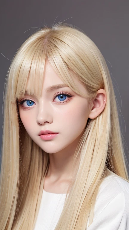 very beautiful face、Ridiculously super long silky bright beautiful blonde hair、Super Long Straight Silky Hair、long bangs、14 year old cute sexy 、Very beautiful bright sky blue blonde hair above the eyes、blonde hair above one eye、blonde between the eyes、very big eyes、rich bust、white skin、Shiny skin、gross face、cheek gloss highlight、eyeliner、small face beauty