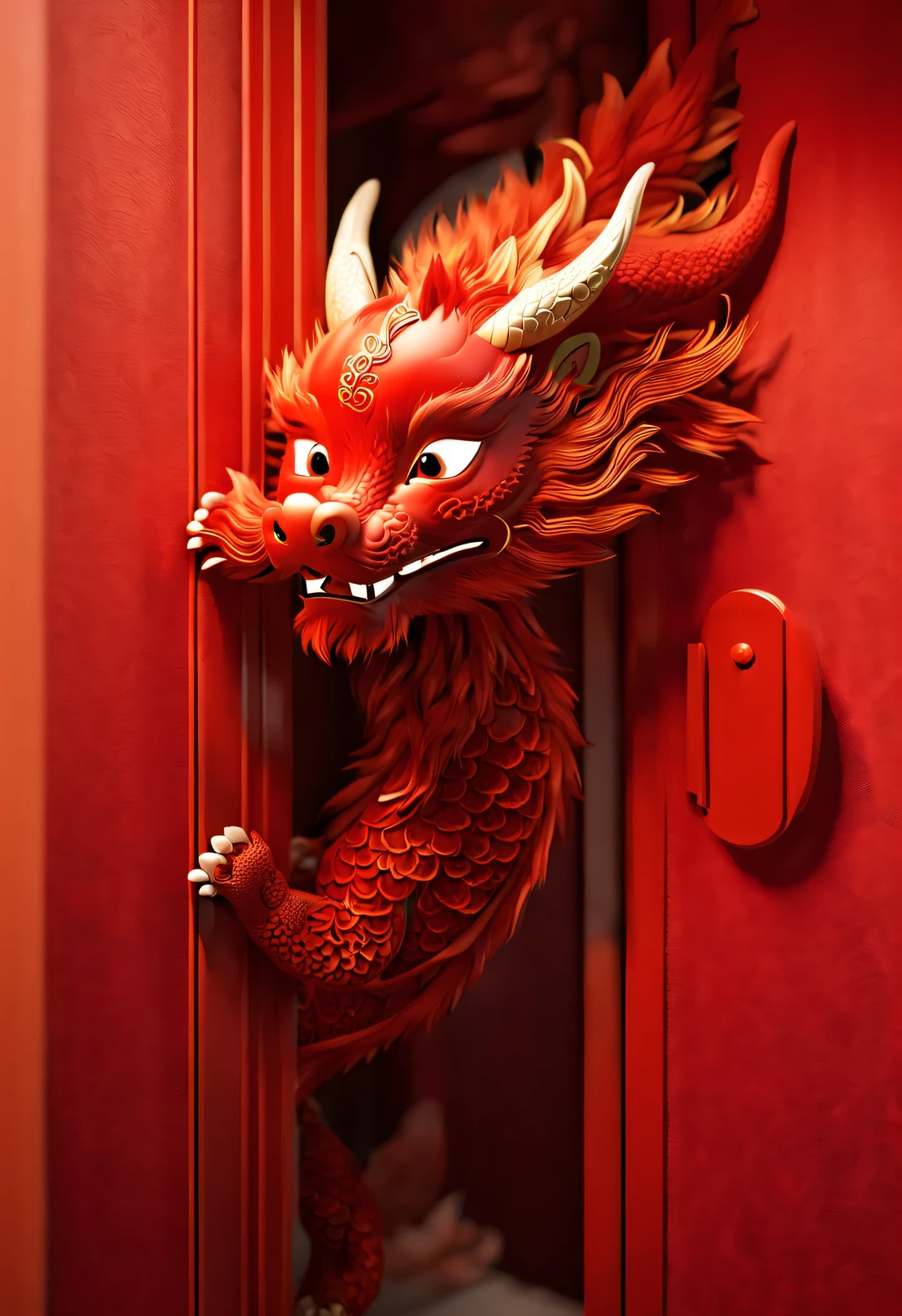 3d rendering, realistic fur, red wallpaper, Simple modern style, Beautiful wallpaper of naughty red and orange zodiac dragon baby peeking out from behind the door, Perform hidden dynamic actions. Beijing, 🦑  design,