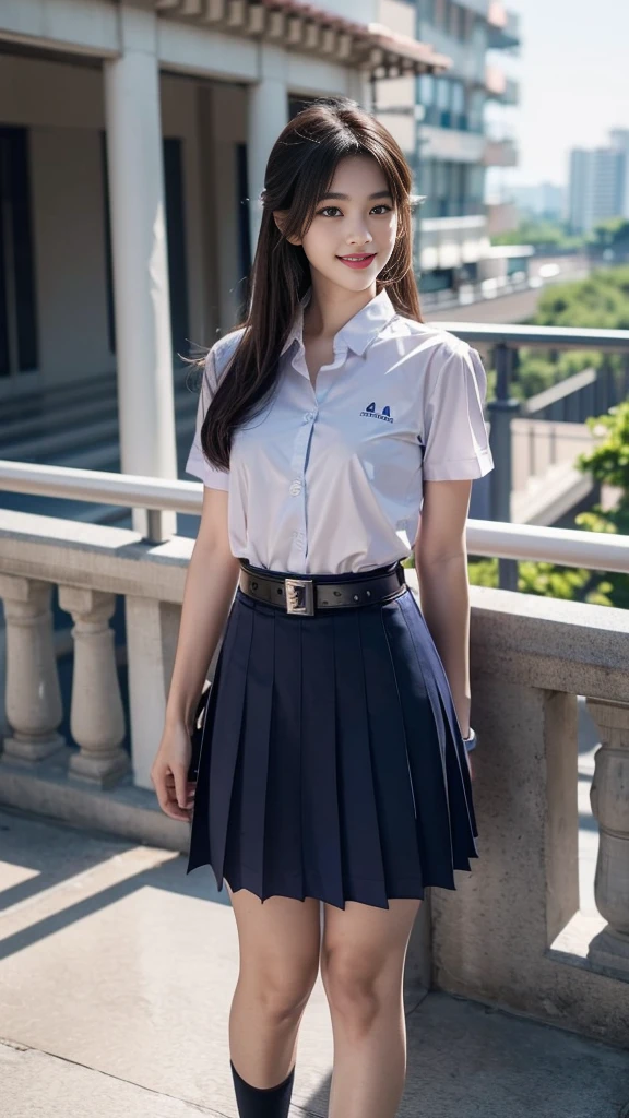 highest resolution, 8K, high definition, (((long hair))), (( thai student, half-caste, Thai-Japanese-Korean, Age 18-25 years, Height 173 centimeters)), (((stand, walk))) , (((Beautiful face, แต่งBeautiful face, Double eyelids, red lips, Smile at the corners of your mouth., Beautiful eyes))), ((beautiful woman, Real figure)), ((short sleeve, Thin white shirt, collar shirt)), ((Name embroidered in blue letters on the right chest of the shirt., have a name "Pornpitak" Rungruangpiwatsakul")), ((สัญลักษณ์โลโก้schoolที่อกซ้าย)), ((Dark blue long pleated skirt., Cover the whole leg)), ((Navy blue skirt, มีbeltผู้หญิง)), ((Big breasts, Breast augmentation)), ((Symmetrical figure, Sexy Body)), ((thin, small waist)), ((black elementary school shoes, Short white socks)), ((Wear a watch, belt)), (((Full body, look at every part of the body))), ((background, balcony, building, school, building))