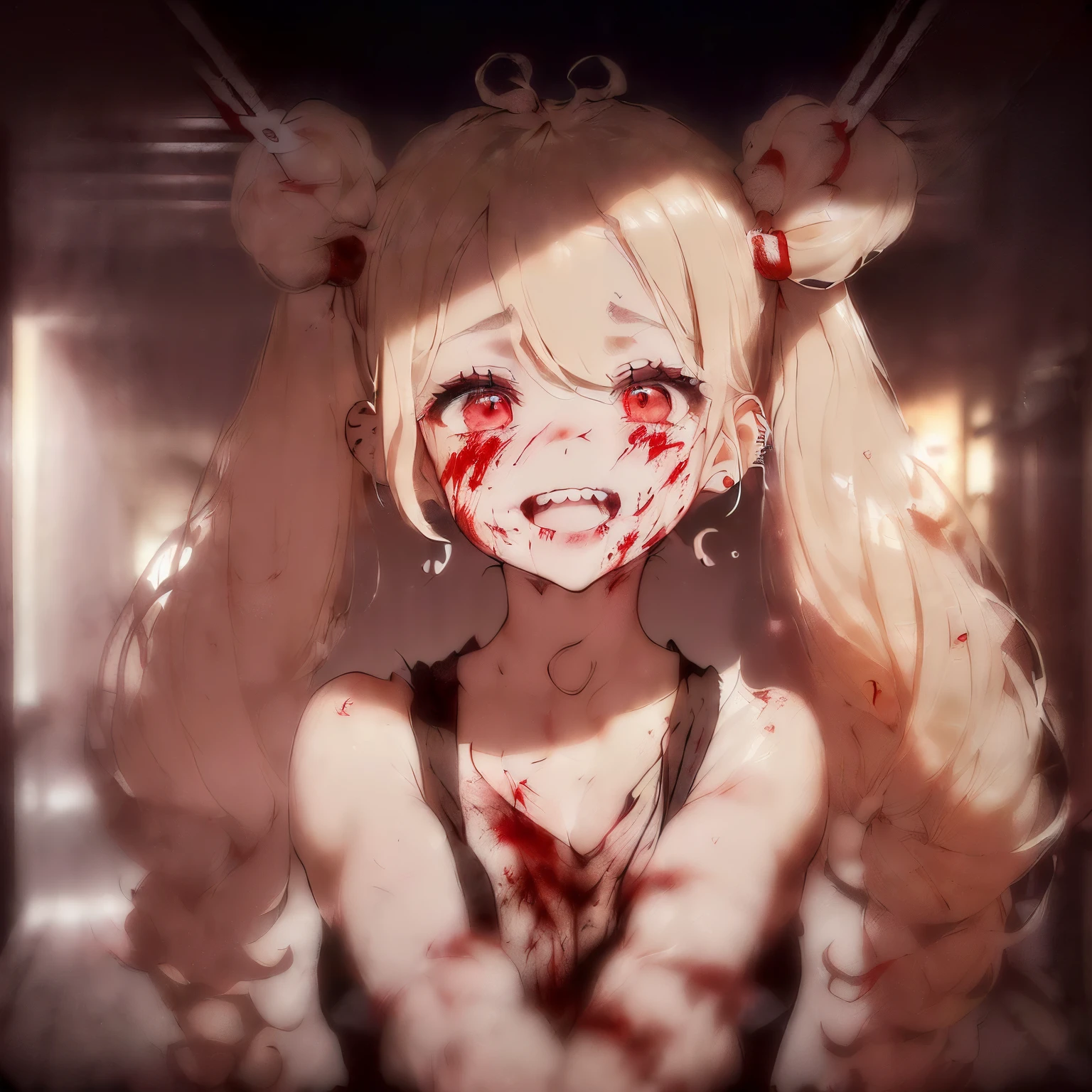((The entire hallway is covered in blood.:1.5)),((A dimly lit hallway where the lights are about to go out:1.6)),(curly blonde hair:1.3),((Twin tails with one side knotted:1.5)),((Shedding tears of blood:1.3)),((Red eyes wet with blood 1.6)),((close up of face:1.6)),((eyes close up:1.3)),((toothy smile:1.3)),((face full of joy:1.2)),((arms raised high:1.6))