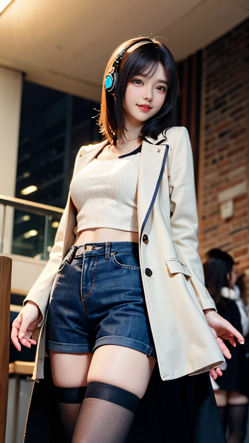 Carrot、Supermodel、Perfect build、Muchimuchi、Three girls are looking at the viewer、　3 girls、、Thighhighs、beautiful feet、hot pants、coat、cyber punk、headphone、gentle smile、Seen by girls from below、Innocent face