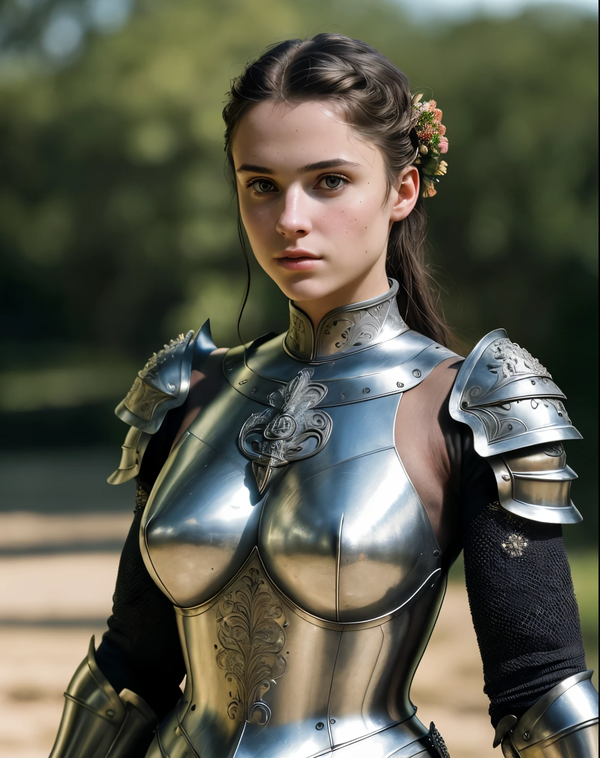 (masterpiece), (extremely intricate:1.3),, (realistic), portrait of a girl, the most beautiful in the world, (medieval armor), metal reflections, upper body, outdoors, intense sunlight, far away castle, professional photograph of a stunning woman detailed, sharp focus, dramatic, award winning, cinematic lighting, octane render, unreal engine, volumetrics dtx, (film grain, bokeh, blurry foreground, blurry background), crest on chest