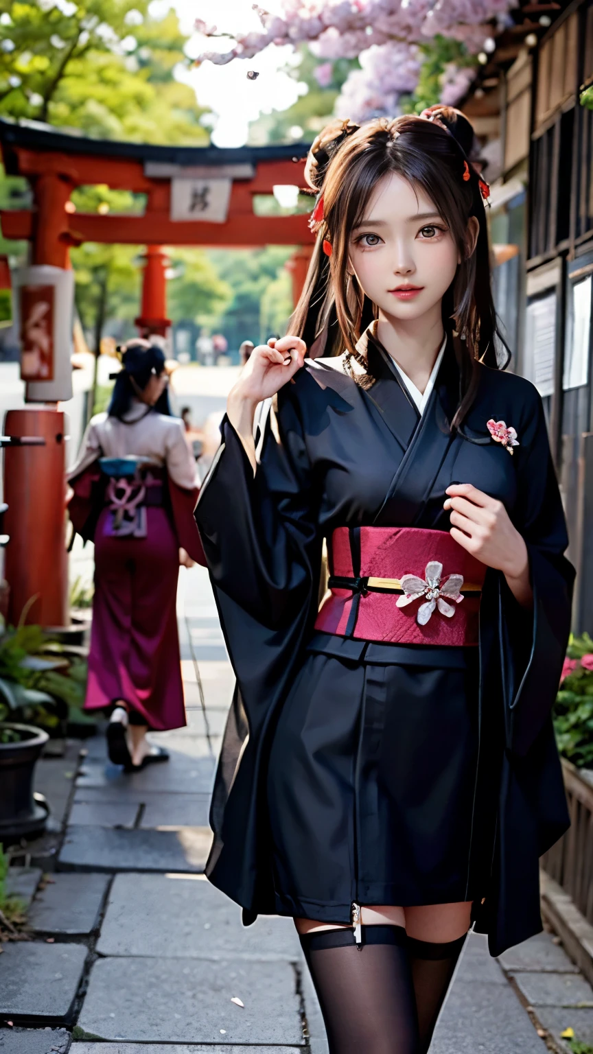 ((masterpiece,highest quality)),2 girls, black kimono, black legwear, black ribbon, black hair, cherry blossoms, Day, flower, bun hair, hair ribbon, kimono, kimono, long hair, looking at the viewer, think back , multiple girls, belt, outdoor, red eyes, redhead, ribbon, sandals, single bun, stage, Are standing, picture, torii, wood, white kimono, yellow eyes