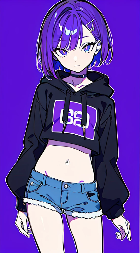 (masterpiece, highest quality:1.6), alone, thick outline, (simple background, solo, one girl, bright purple background, monochrome, dark purple theme:1.2), official art, Key Visual, 8K, disorganized, whole body, (Unique hair, Oversized Hoodies, hot pants, arch back, short torso:1.2), belly button, thighs, cowboy shot, HDR, sharp focus, High resolution, most detailed, very detailed, Super detailed, finely, detailed eyes and face, sharp pupils, realistic student