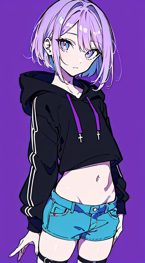 (masterpiece, highest quality:1.6), alone, thick outline, (simple background, solo, one girl, bright purple background, monochrome, dark purple theme:1.2), official art, Key Visual, 8K, disorganized, whole body, (Unique hair, Oversized Hoodies, hot pants, arch back, short torso:1.2), belly button, thighs, cowboy shot, HDR, sharp focus, High resolution, most detailed, very detailed, Super detailed, finely, detailed eyes and face, sharp pupils, realistic student