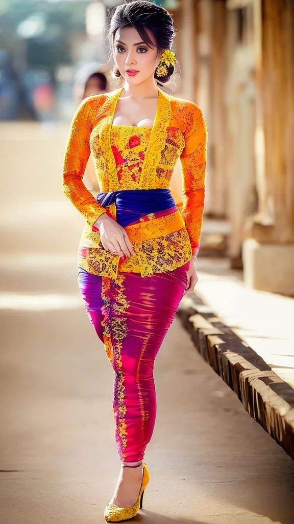 (8k, RAW photo, best quality, masterpiece:1.2),woman, portrait of woman wearing kebaya_bali in traditional black long kebaya, red lipstick, gold necklace, earrings, decoration, detail, flowers, blurred background, soft focus,SFW:1.3),(Full Body:1.7),(cute face:1.3),(big breasts:1.3),(high heels:1.3),(big hips1.3), (medium thighs:1.3),(covered breasts:1.3),(bust cleavage:1.1),(lipgloss:1.3),(Cute eyes:1.3),(Red lips:1.3),(Smooth skin texture:1.3),( Precise and perfect human anatomy: 1.3),(Beautiful and perfect facial features: 1.3), (Long eyelashes: 1.3),(Red lips: 1.3),(Shiny and textured lips: 1.3),(Smooth skin texture: 1.3),(earrings: 1.3),(Beautiful detailed eyes: 1.3),(Natural Color Lips: 1.3),(Beautiful face: 1.3),(kebaya_bali:1.7),(look straight into the camera:1.3)