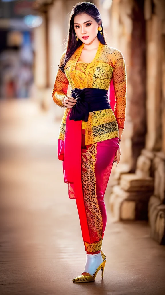 (8k, RAW photo, best quality, masterpiece:1.2),woman, portrait of woman wearing kebaya_bali in traditional black long kebaya, red lipstick, gold necklace, earrings, decoration, detail, flowers, blurred background, soft focus,SFW:1.3),(Full Body:1.7),(cute face:1.3),(big breasts:1.3),(high heels:1.3),(big hips1.3), (medium thighs:1.3),(covered breasts:1.3),(bust cleavage:1.1),(lipgloss:1.3),(Cute eyes:1.3),(Red lips:1.3),(Smooth skin texture:1.3),( Precise and perfect human anatomy: 1.3),(Beautiful and perfect facial features: 1.3), (Long eyelashes: 1.3),(Red lips: 1.3),(Shiny and textured lips: 1.3),(Smooth skin texture: 1.3),(earrings: 1.3),(Beautiful detailed eyes: 1.3),(Natural Color Lips: 1.3),(Beautiful face: 1.3),(kebaya_bali:1.7),(look straight into the camera:1.3)