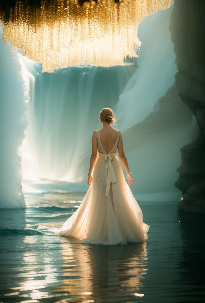 Arafed woman in a wedding dress enters the water, Эфирная backlight, dramatic backlight, flowy dress, Эффектная backlight, Vincent Lefebvre, flowy dress, stunning elegant pose, Matthias Weischer, backlight, cinematic goddess of the shot, Bathed in golden light, unearthly beauty, Joseph Zimmler, Awesome photo shoot, Ethereal Radiance