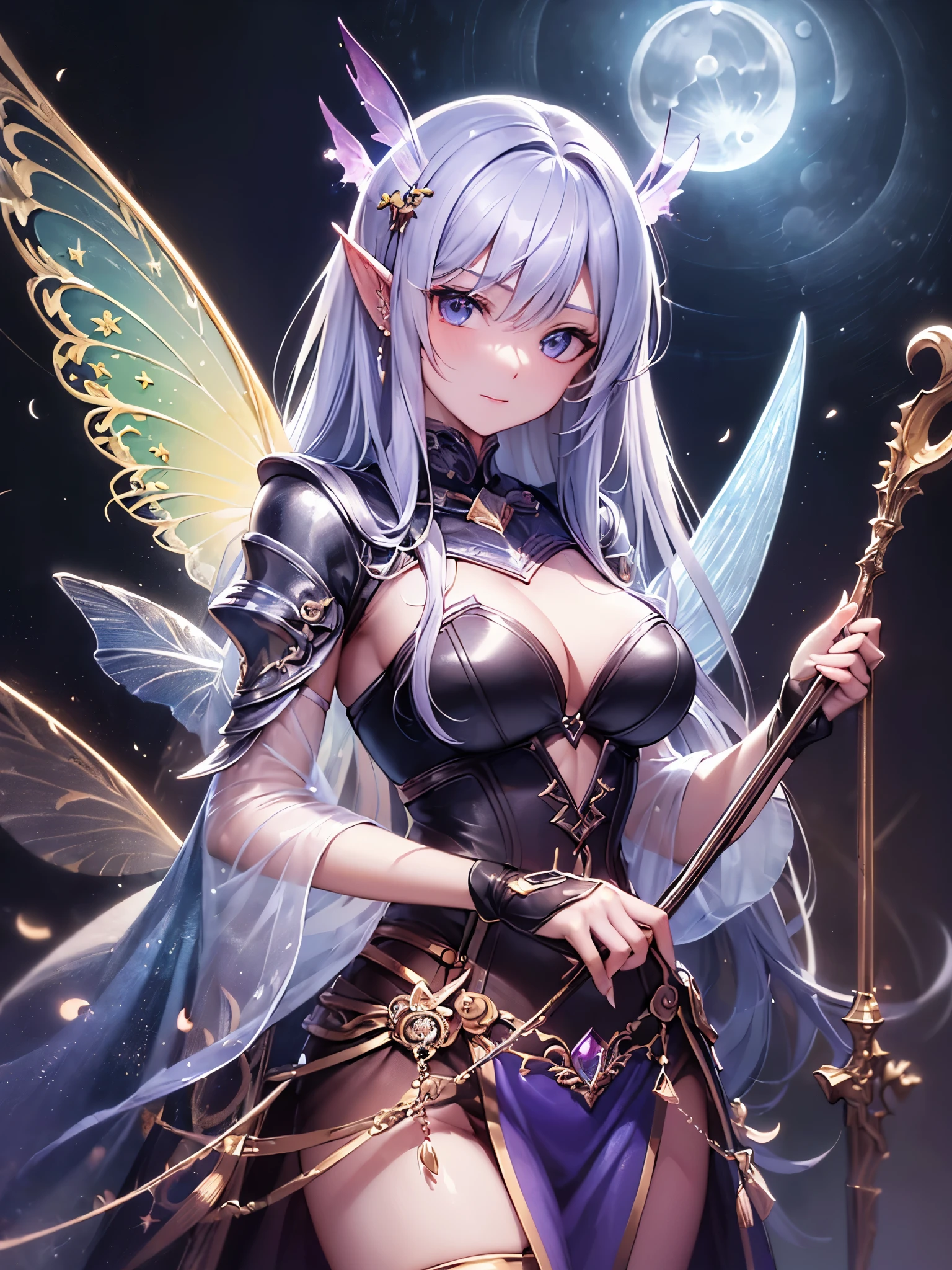 ((highest quality)),(ultra high resolution),(Super detailed),(detailed description),((best CG)),(best work of art),super precision art,great drawing art,(Fantasy art with precise details:1.5), (one female fairy:1.5),,Beautiful face 1.5,natural makeup:1.6,((transparent wings:1.6)), (((Moonlight night:1.6)))