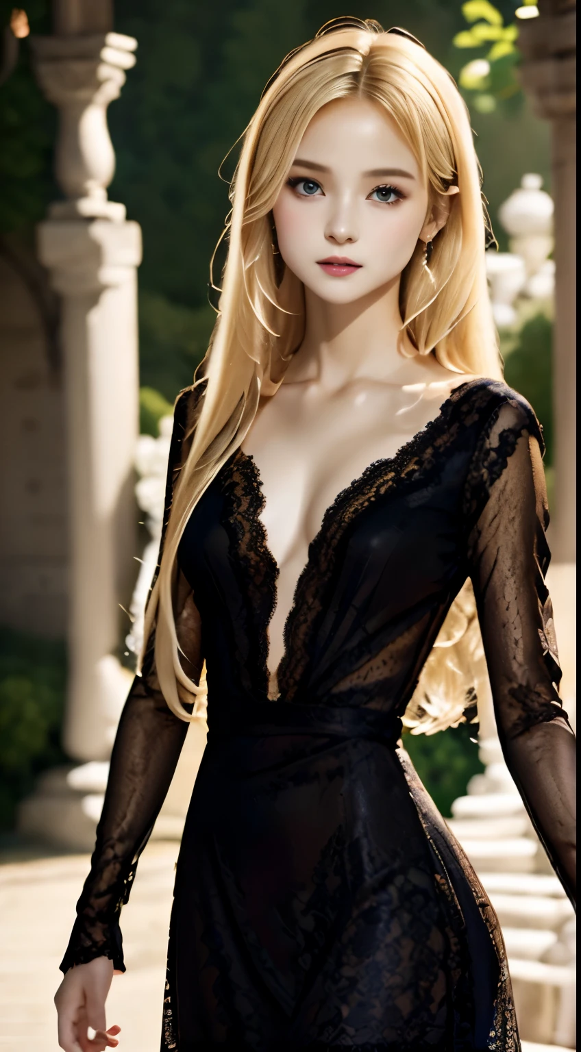 one woman、１４talent、unparalleled beauty、cute face、Detailed face and eyes、deep red eyes、plump lips、dignified expression、Drifting eroticism、Beautiful blonde hair、straight hair、Silky hair、(((jet black dress、beautiful lace dress、An elegant dress with long sleeves that does not expose any skin.:1.1)))、small breasts、perfect proportions、master piece、highest quality、super resolution、Highest image quality、Super detailed、