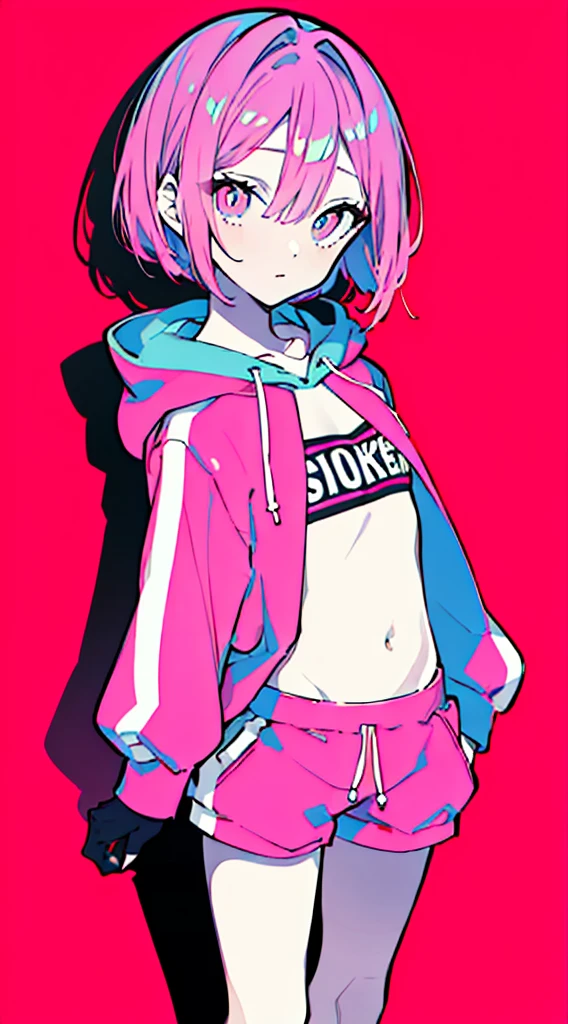(masterpiece, highest quality:1.6), alone, thick outline, (simple background, solo, Pink background, monochrome, dark pink theme:1.2), official art, Key Visual, 8K, disorganized, whole body, (Unique hair, Oversized Hoodies, hot pants, arch back, short torso:1.2), belly button, thighs, cowboy shot, HDR, sharp focus, High resolution, most detailed, very detailed, Super detailed, finely, detailed eyes and face, sharp pupils, realistic student