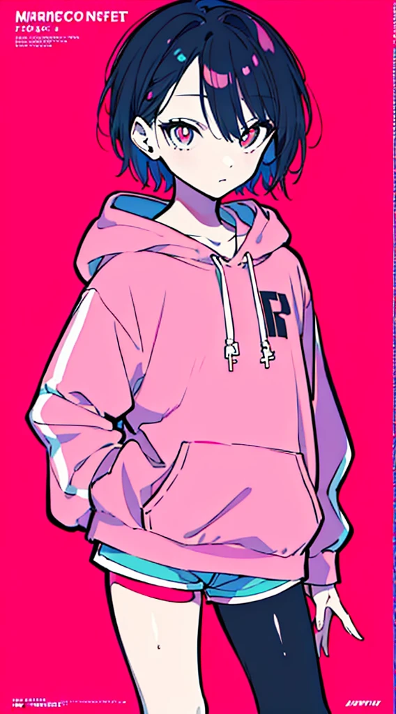 (masterpiece, highest quality:1.6), alone, thick outline, (simple background, solo, Pink background, monochrome, dark pink theme:1.2), official art, Key Visual, 8K, disorganized, whole body, (Unique hair, Oversized Hoodies, hot pants, arch back, short torso:1.2), belly button, thighs, cowboy shot, HDR, sharp focus, High resolution, most detailed, very detailed, Super detailed, finely, detailed eyes and face, sharp pupils, realistic student