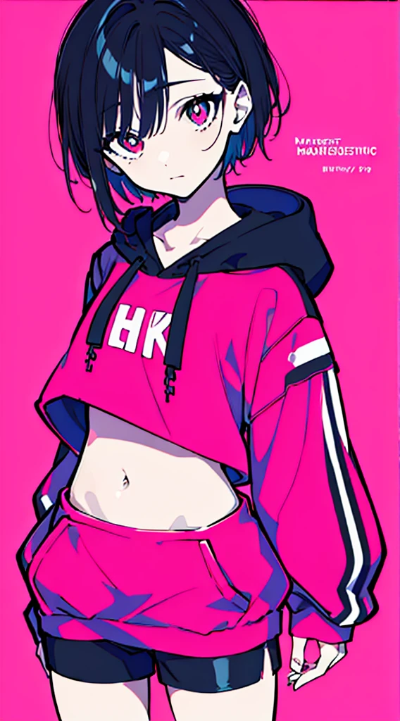 (masterpiece, highest quality:1.6), alone, thick outline, (simple background, solo, Pink background, monochrome, dark pink theme:1.2), official art, Key Visual, 8K, disorganized, whole body, (Unique hair, Oversized Hoodies, hot pants, arch back, short torso:1.2), belly button, thighs, cowboy shot, HDR, sharp focus, High resolution, most detailed, very detailed, Super detailed, finely, detailed eyes and face, sharp pupils, realistic student