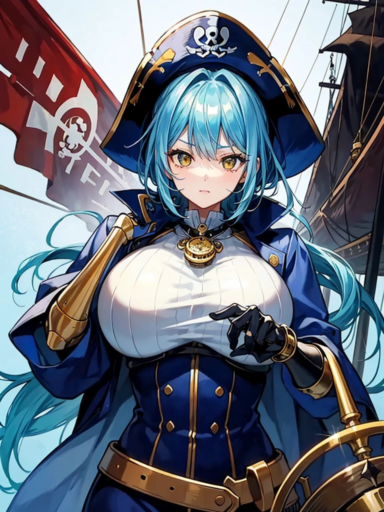 (((masterpiece、Highest image quality、highest quality、highly detailed unity 8kwallpaper)))、((Illustration of one girl、upper body))、(((beautiful girl)))、(female pirate)、(Light light blue hair、short ponytail:1.2、yellow eyes)、(((Right hand is a prosthetic hand、steampunk prosthetic arm)))、((tall))、(((muscle girl, muscle, bulky figure, massive frame, thick neck, sturdy arms, powerful legs)))、(captain's suit、Pirate hat、Blue coat)、Pirate ship deck
