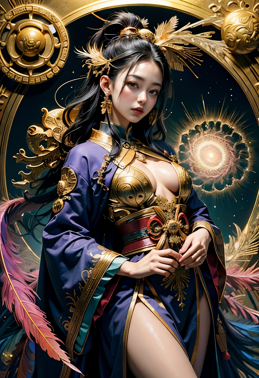 (highest quality, beautiful and aesthetic:1.2), (1 female), 日本のgod,benzaiten,Highly detailed natural gaze,(fractal art:1.3),five supple fingers,Well-balanced composition,best details, Wearing a feather robe,Composition of the golden ratio,Goddess,I have black hair and black eyes,Background of increasing financial luck,god々New