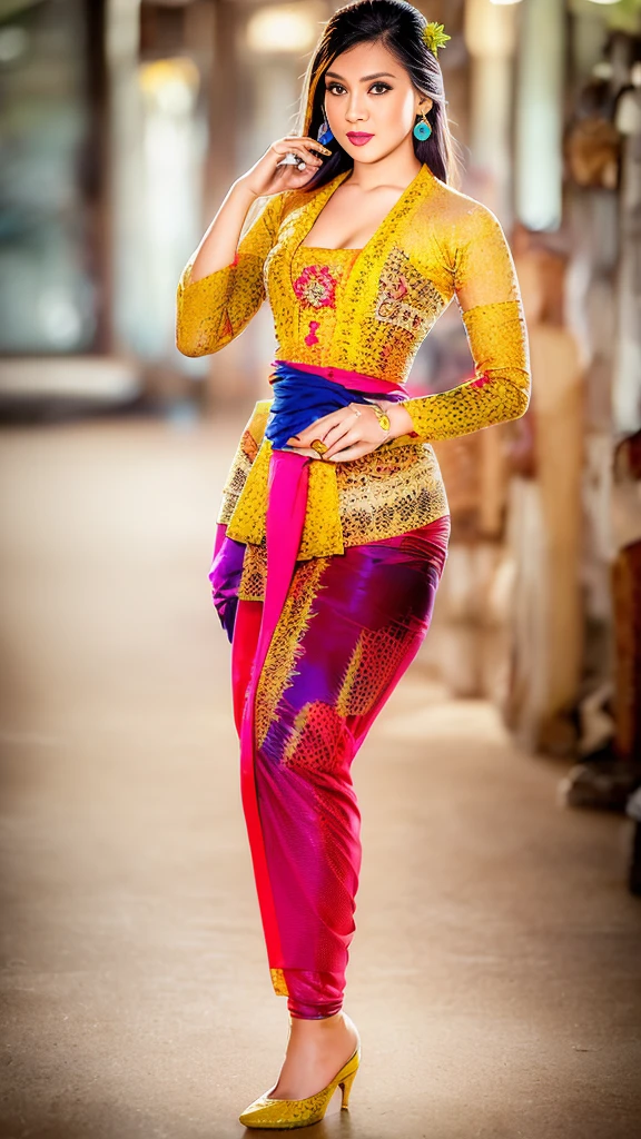 (8k, RAW photo, best quality, masterpiece:1.2),woman, portrait of woman wearing kebaya_bali in traditional black long kebaya, red lipstick, gold necklace, earrings, decoration, detail, flowers, blurred background, soft focus,SFW:1.3),(Full Body:1.7),(cute face:1.3),(big breasts:1.3),(high heels:1.3),(big hips1.3), (medium thighs:1.3),(covered breasts:1.3),(bust cleavage:1.1),(lipgloss:1.3),(Cute eyes:1.3),(Red lips:1.3),(Smooth skin texture:1.3),( Precise and perfect human anatomy: 1.3),(Beautiful and perfect facial features: 1.3), (Long eyelashes: 1.3),(Red lips: 1.3),(Shiny and textured lips: 1.3),(Smooth skin texture: 1.3),(earrings: 1.3),(Beautiful detailed eyes: 1.3),(Natural Color Lips: 1.3),(Beautiful face: 1.3),(kebaya_bali:1.7),(look straight into the camera:1.3)