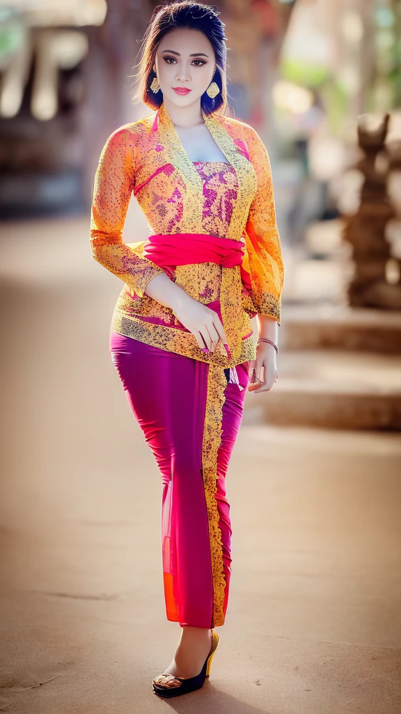 (8k, RAW photo, best quality, masterpiece:1.2),woman, portrait of woman wearing kebaya_bali in traditional black long kebaya, red lipstick, gold necklace, earrings, decoration, detail, flowers, blurred background, soft focus,SFW:1.3),(Full Body:1.7),(cute face:1.3),(big breasts:1.3),(high heels:1.3),(big hips1.3), (medium thighs:1.3),(covered breasts:1.3),(bust cleavage:1.1),(lipgloss:1.3),(Cute eyes:1.3),(Red lips:1.3),(Smooth skin texture:1.3),( Precise and perfect human anatomy: 1.3),(Beautiful and perfect facial features: 1.3), (Long eyelashes: 1.3),(Red lips: 1.3),(Shiny and textured lips: 1.3),(Smooth skin texture: 1.3),(earrings: 1.3),(Beautiful detailed eyes: 1.3),(Natural Color Lips: 1.3),(Beautiful face: 1.3),(kebaya_bali:1.7),(look straight into the camera:1.3)