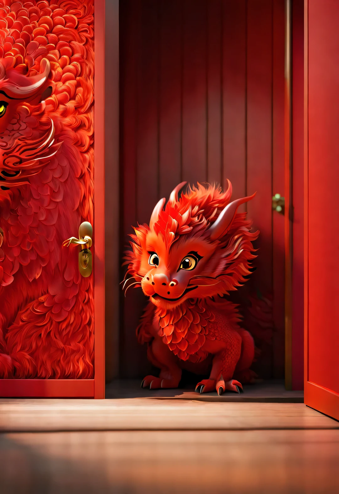 3d rendering, realistic fur, red wallpaper, Simple modern style, Beautiful wallpaper of naughty red and orange zodiac dragon baby peeking out from behind the door, Perform hidden dynamic actions. Beijing, 🦑 design,