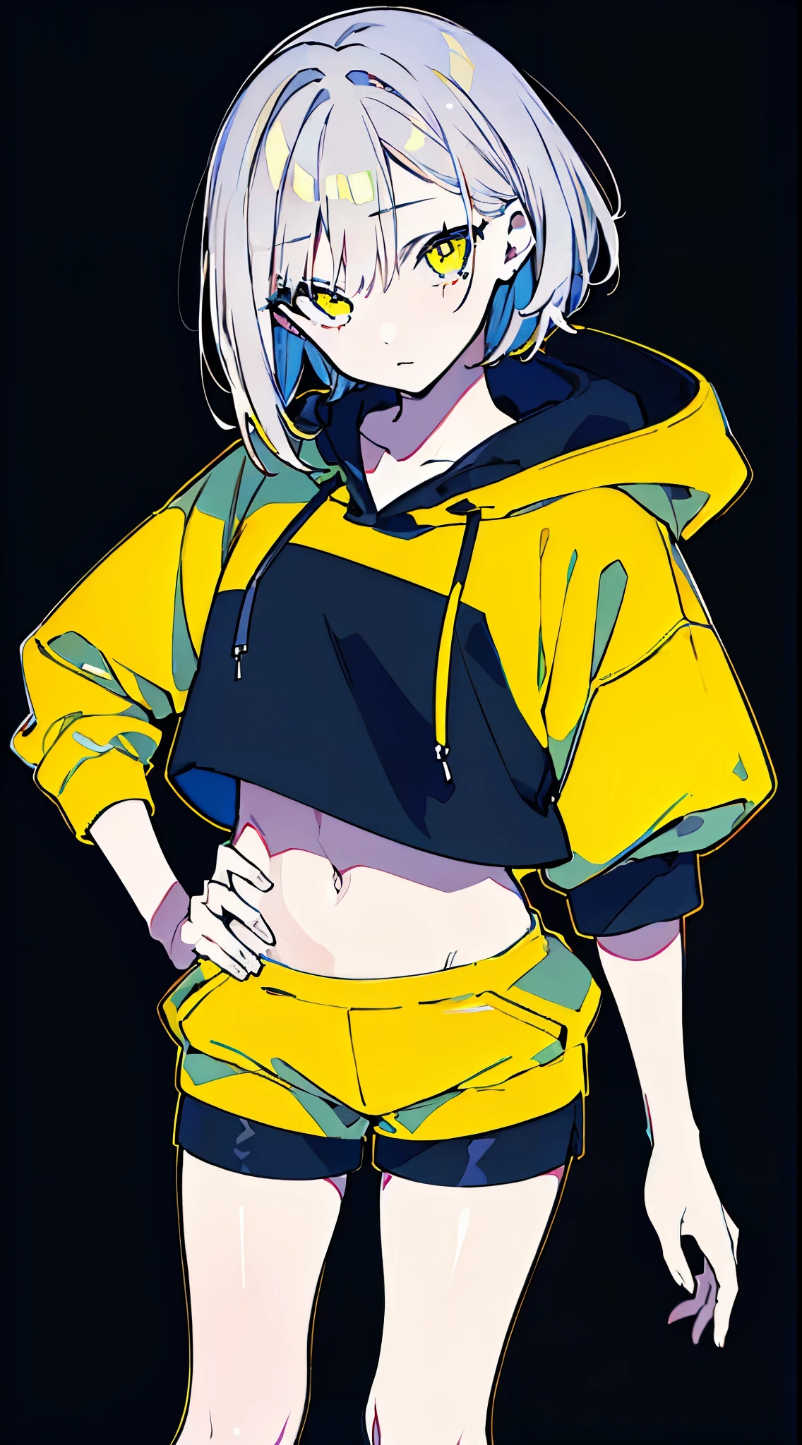 (masterpiece, highest quality:1.6), alone, thick outline, (simple background, Dark yellow background, monochrome, dark yellow theme:1.2), official art, Key Visual, 8K, disorganized, whole body, (Unique hair, Oversized Hoodies, hot pants, arch back, short torso:1.2), belly button, thighs, cowboy shot, HDR, sharp focus, High resolution, most detailed, very detailed, Super detailed, finely, detailed eyes and face, sharp pupils, realistic student