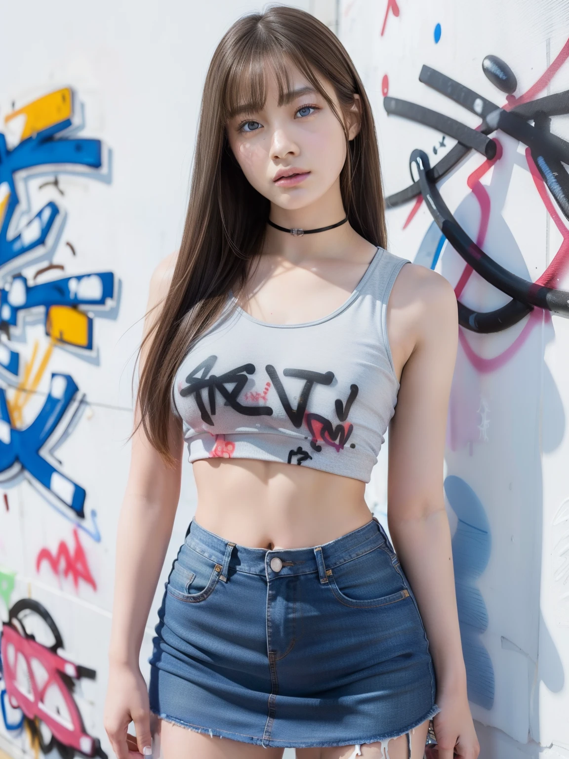 18-year-old, British girl, , portrait ,Tank top((mini skirt))、Thighs Thighs Nose:1.1), , (high color saturation,catch light:1.0), (highly detailed skin), (highest quality:1.0), (ultra high resolution:1.0) ,(realistic:1.0), (Super detailed:1.0), (8k, RAW photo:1.1),( smile:0.8),looking at the viewer,((Anya Taylor Joy))