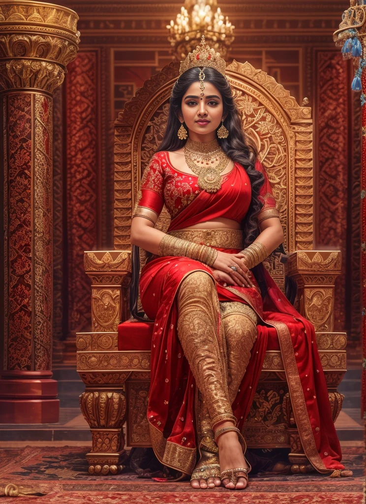 Full size real photograph of a Kerala mallu busty sexy nude woman in royal throne, 8k high res render, sexy busty body, detailed skin and face , ultra real, lion symbols beside rhe throne, royal arena, sexy busty thighs and legs, royal look, transparent red saree, busty and cleavage, sexy lusty smile, highly detailed 8k highres render,