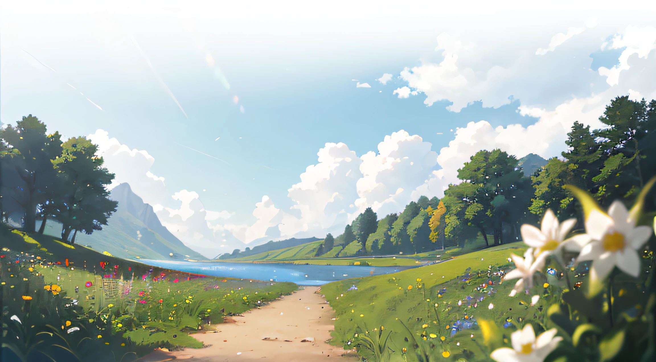 Summer, meadows, a few small flowers, Clear Lakes, Heaven, Large clouds, Blue sky, Hot weather, HD Detail, Hyper-detailing, Cinematic, Soft light, Deep field focus bokeh