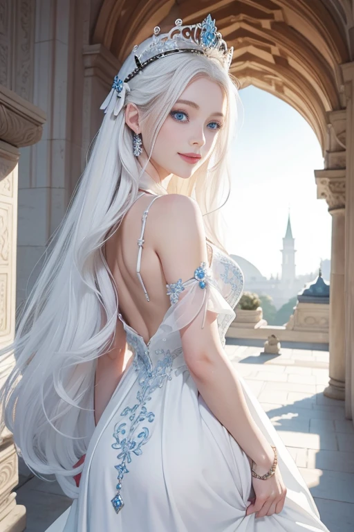 White goddess blue eyes in human shape、beautiful body of a flower of a very attractive age with white lower hair,,,,,,,Wearing a white dress,Smiling inside a magnificent palace made of white stone,Looking back in front of the throne,