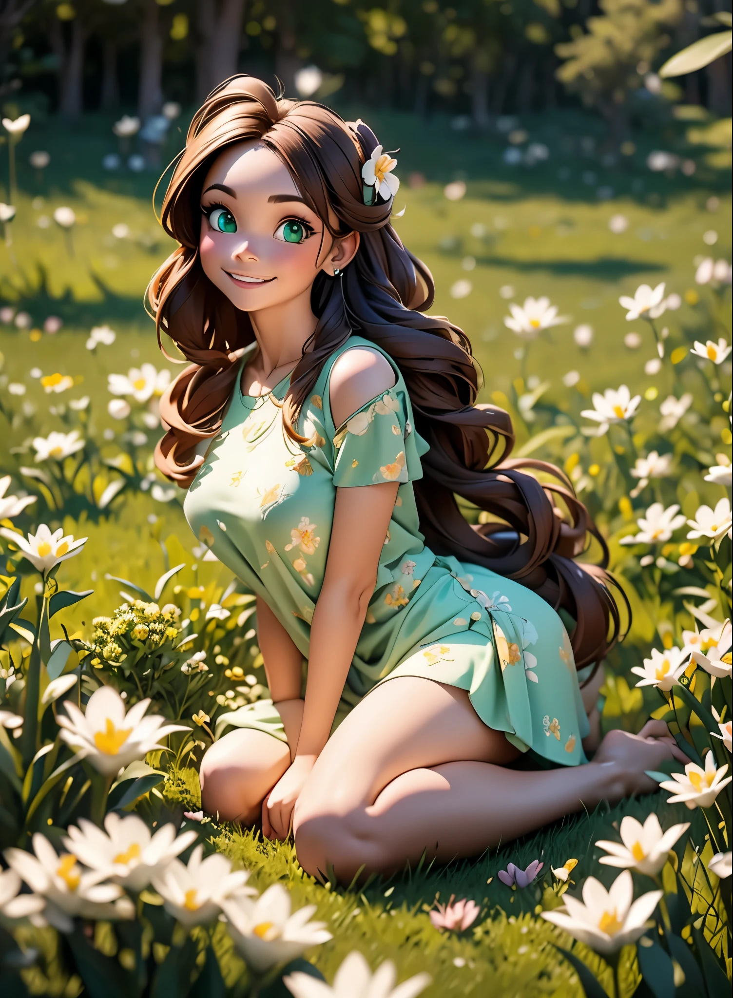 (masterpiece), (highest quality), ultra high resolution, sharp focus, ((1 female, alone)), Upper body, dutch angle, beautiful fine hair, chestnut hair, long hair falls, beautiful detailed face, ((Beautifully shaped eyes, green eyes)), perfect feminine face, look at the audience, smile, Feminine light coordination, In the meadow of lilies flowers, sitting on the ground