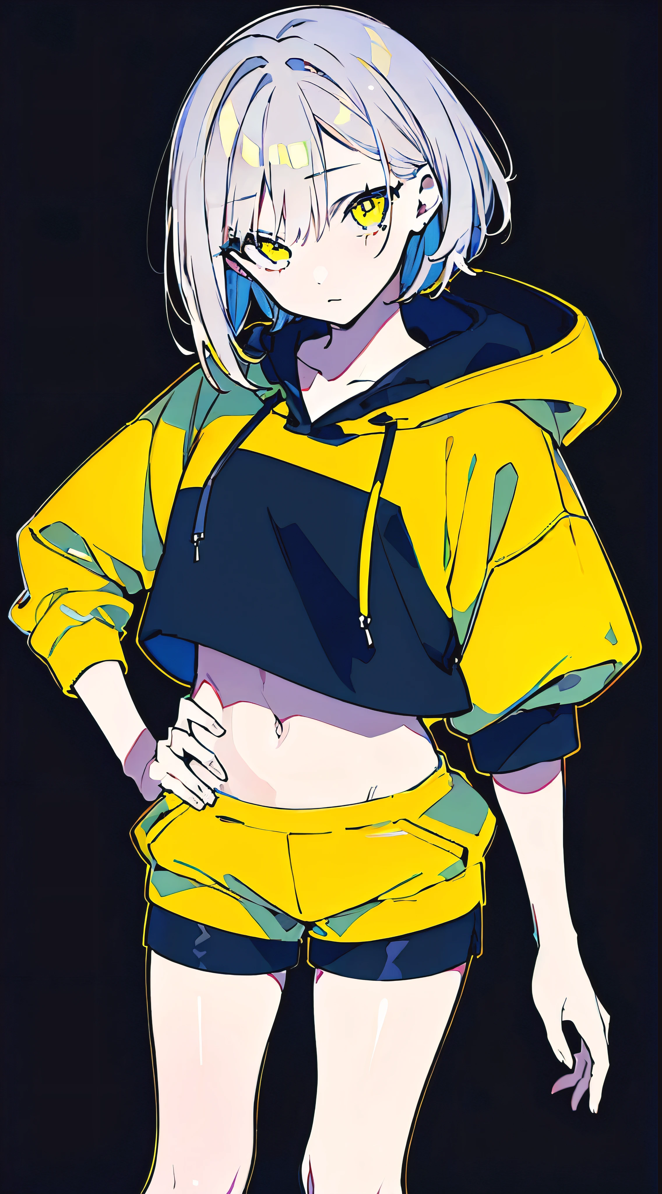 (masterpiece, highest quality:1.6), alone, thick outline, (simple background, Dark yellow background, monochrome, dark yellow theme:1.2), official art, Key Visual, 8K, confused, whole body, (Unique hair, oversized hoodie, hot pants, arch back, short torso:1.2), belly button, thighs, cowboy shot, HDR, sharp focus, High resolution, most detailed, very detailed, Super detailed, finely, detailed eyes and face, sharp pupils, realistic student