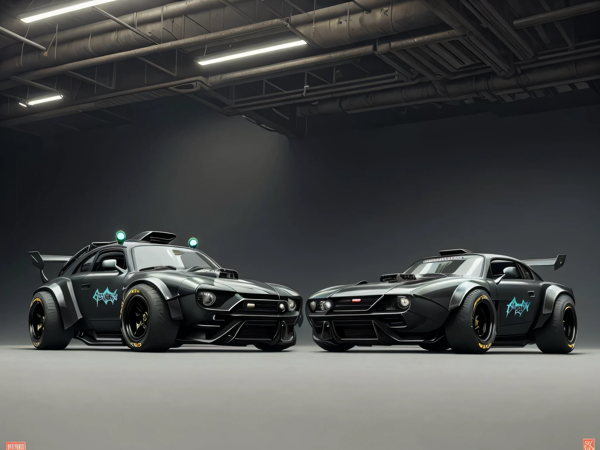 a 3/4 front view of ((futuristic cyberpunk hotrod zeekars)) (with glowing tires), at the parking lot, black matt