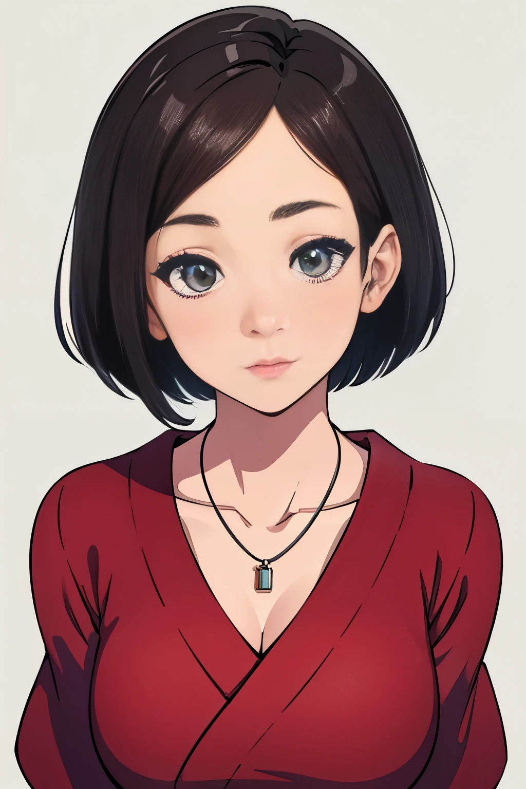 (Best quality, 8k, 32k, Masterpiece, UHD:1.2),Photo of Pretty Japanese woman, large breasts, very short bob hair,upper body,face focus,oversized_sweater, necklace, simple background, from above, looking at viewer,