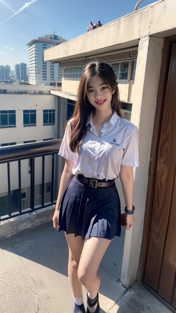 highest resolution, 8K, high definition, (((long hair))), (( thai student, half-caste, Thai-Japanese-Korean, Age 18-25 years, Height 173 centimeters)), (((stand, walk))) , (((Beautiful face, แต่งBeautiful face, Double eyelids, red lips, Smile at the corners of your mouth., Beautiful eyes))), ((beautiful woman, Real figure)), ((short sleeve, Thin white shirt, collar shirt)), ((Name embroidered in blue letters on the right chest of the shirt., have a name "Pornpitak" Rungruangpiwatsakul")), ((สัญลักษณ์โลโก้schoolที่อกซ้าย)), ((Dark blue long pleated skirt., Cover the whole leg)), ((Navy blue skirt, มีbeltผู้หญิง)), ((Big breasts, Breast augmentation)), ((Symmetrical figure, Sexy Body)), ((thin, small waist)), ((black  shoes, Short white socks)), ((Wear a watch, belt)), (((Full body, look at every part of the body))), ((background, balcony, building, school, building))