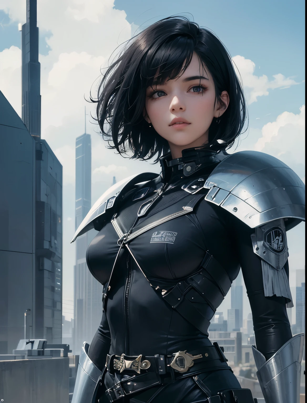 A beautiful woman. Twenty years old. short black hair. He is wearing a black combat uniform that fits perfectly on his body. She is standing in a futuristic city and the weather is overcast.