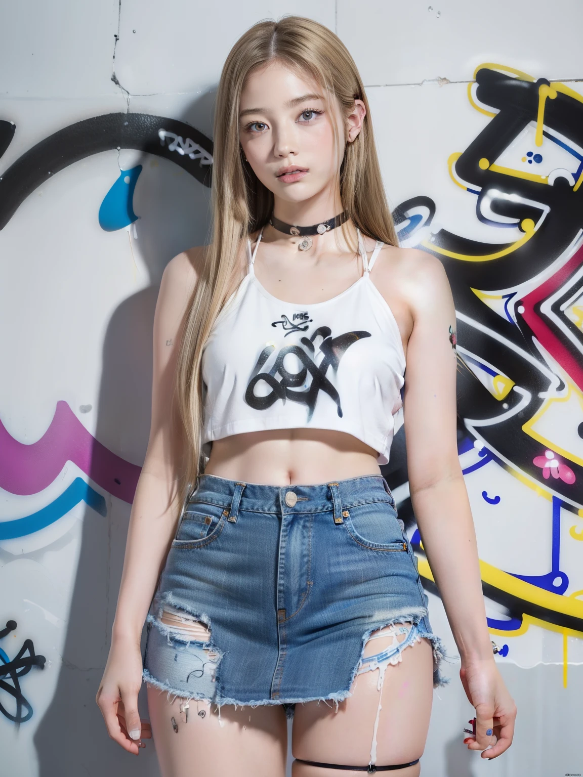 hyper realistic, Masterpiece, Best Quality, ((Lauren Gray, The face of Olivia Dunn)) 1girl, 独奏, crop-top, denim ((tight miniskirt)), Choker, (graffiti:1.5), paint splatter, Hands Behind Your Back, Against a wall, looking a viewer, A bracelet, thigh strap, Paint on the body, tilt of head, blonde hair, Gray-blue eyes of the iris, 8K resolution, intricate clothes, intricate details,