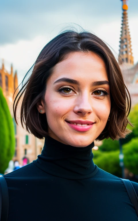 [Liah the real deal] cute beautiful brunette, wearings a black turtleneck ,full body, perfect angle, very detailed, 32 years old, flirty face, messy long hair, brown eyes, high-res, masterpiece, best quality,intricate details, highly detailed,sharp focus, detailed skin,realistic skin texture,texture, detailed eyes, professional, 4k, smile, shot on Canon, 85mm,shallow depth of field,kodak vision color,  eyeshadow, extremely detailed, photo_\(ultra\), photorealistic, realistic, post-processing, max detail, roughness, real life, ultra realistic, photorealism, photography, 8k uhd, photography, braless, pokies, in front of the Sagrada Familia in Barcelona