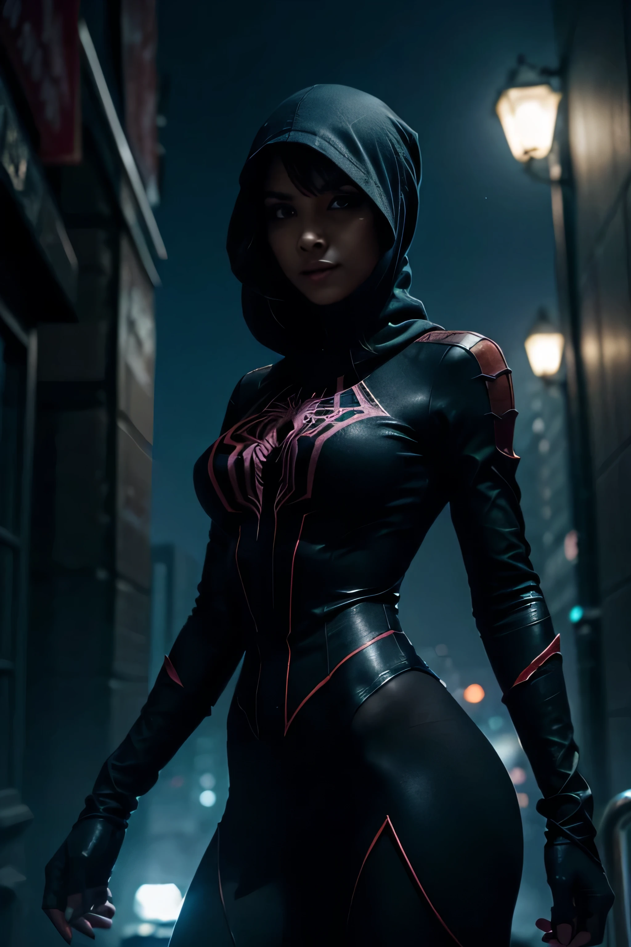 "As night settles on a City, spiders swirl in the dark skies, creating a living canvas above the dark alleys. very sexy deep-low-cut ice-blue spidergirl, shrouded in mystery, prepares to confront an imminent threat looming over the city. Spiders, symbols of his own darkness and commitment to justice, become the spidergirls silent allies in his relentless quest to protect the innocent and bring peace to the shadows of the big city."