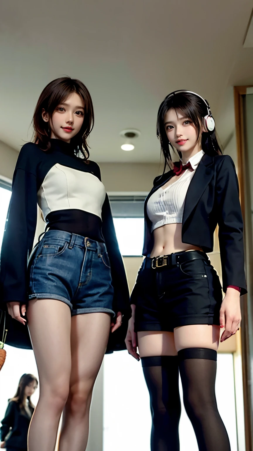 Carrot、Supermodel、Perfect build、Muchimuchi、Three girls are looking at the viewer、　3 girls、、Thighhighs、beautiful feet、hot pants、coat、cyber punk、headphone、gentle smile、Seen by girls from below、Innocent face