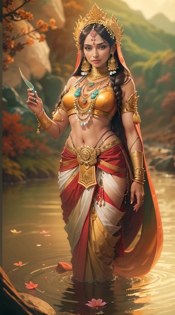 a beautiful hindu goddess, detailed face HD, piercing eyes, full lips, long flowing dark black sari, holding a trishul, a majestic lion nearby, intricate jewelry, glowing ethereal aura, highly detailed, photorealistic, dramatic lighting, vibrant colors, ornate background, digital art HD 8k quality beautiful face full HD