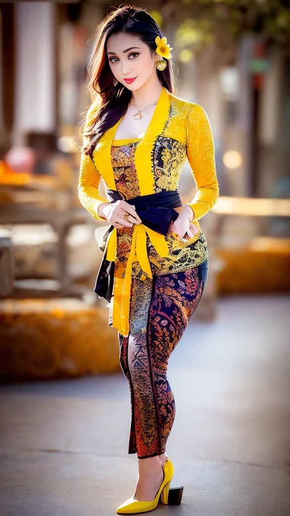 (8k, RAW photo, best quality, masterpiece:1.2),woman, portrait of woman wearing kebaya_bali in traditional black long kebaya, red lipstick, gold necklace, earrings, decoration, detail, flowers, blurred background, soft focus,SFW:1.3),(Full Body:1.7),(cute face:1.3),(big breasts:1.3),(high heels:1.3),(big hips1.3), (medium thighs:1.3),(covered breasts:1.3),(bust cleavage:1.1),(lipgloss:1.3),(Cute eyes:1.3),(Red lips:1.3),(Smooth skin texture:1.3),( Precise and perfect human anatomy: 1.3),(Beautiful and perfect facial features: 1.3), (Long eyelashes: 1.3),(Red lips: 1.3),(Shiny and textured lips: 1.3),(Smooth skin texture: 1.3),(earrings: 1.3),(Beautiful detailed eyes: 1.3),(Natural Color Lips: 1.3),(Beautiful face: 1.3),(look straight into the camera:1.3),((kebaya_bali,green_kebaya_bali,orange_kebaya_bali,blue_kebaya_bali,blue_kebaya_bali,black_kebaya_bali,white_kebaya_bali,yellow_kebaya_bali,white flower,black flower))