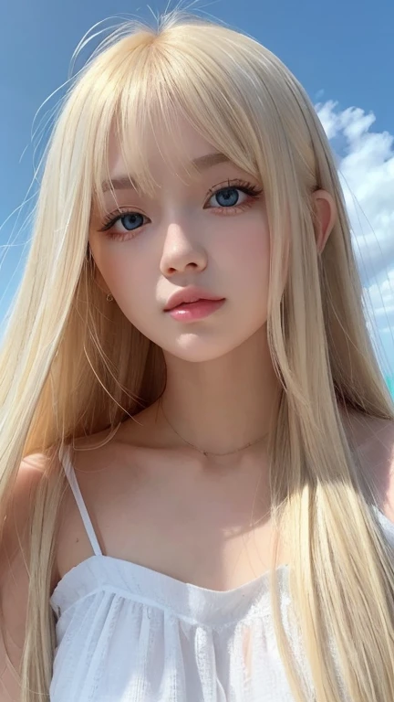 very beautiful face、Ridiculously super long silky bright beautiful blonde hair、Super Long Straight Silky Hair、long bangs、14 year old cute sexy 、Very beautiful bright sky blue blonde hair above the eyes、blonde hair above one eye、blonde between the eyes、very big eyes、rich bust、white skin、Shiny skin、gross face、cheek gloss highlight、eyeliner、small face beauty