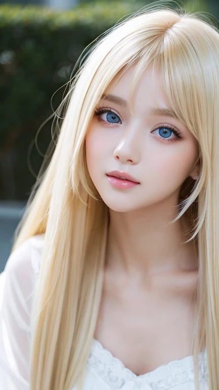very beautiful face、Ridiculously super long silky bright beautiful blonde hair、Super Long Straight Silky Hair、long bangs、14 year old cute sexy 、Very beautiful bright sky blue blonde hair above the eyes、blonde hair above one eye、blonde between the eyes、very big eyes、rich bust、white skin、Shiny skin、gross face、cheek gloss highlight、eyeliner、small face beauty