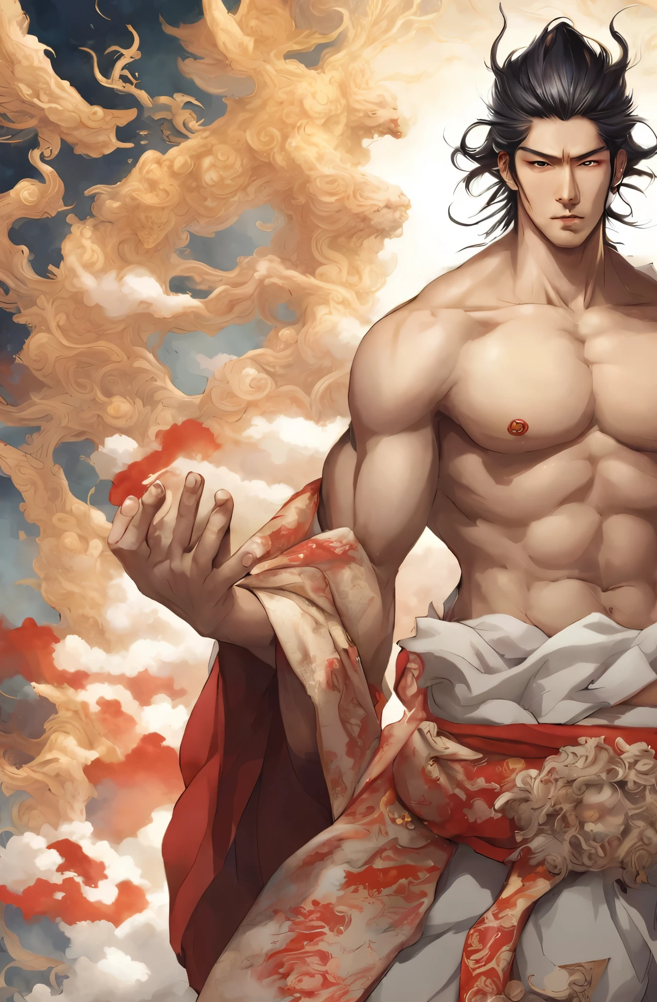 Araf man in a red robe and holding a sword, handsome japanese devil boy, Demon slayer art handsome man, beautiful male grim reaper, akira from chinese mythology, by Jan J., Japanese god, attractive male deity, detailed digital anime art, tsurumaki kazuya, 2. 5d cgi anime fantasy artwork