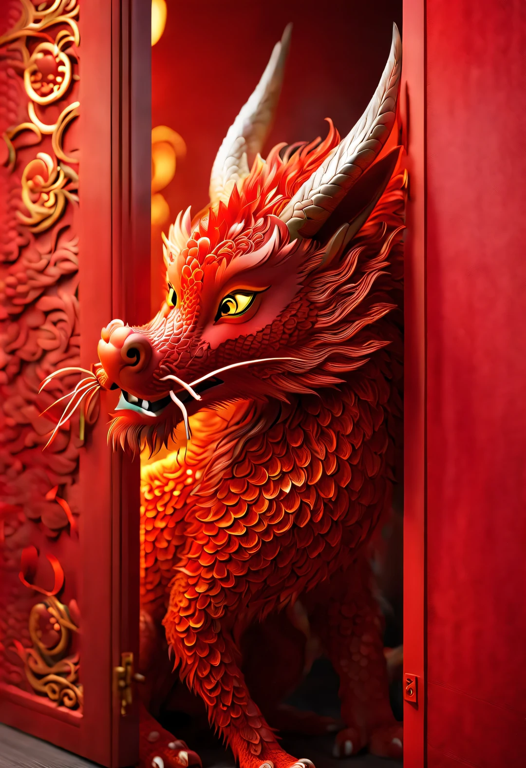 3d rendering, realistic fur, red wallpaper, Simple modern style, Beautiful wallpaper of naughty red and orange zodiac dragon baby peeking out from behind the door, Perform hidden dynamic actions. Beijing, 🦑 design,