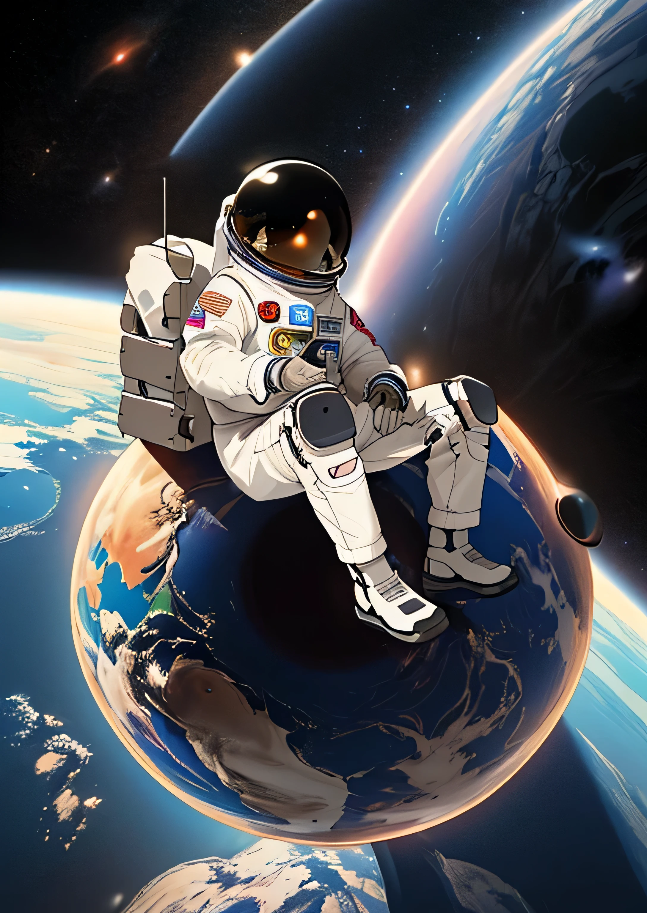 astronaut, sitting on planet, galaxy background