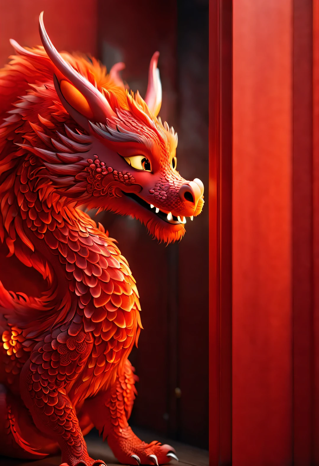 3d rendering, realistic fur, red wallpaper, Simple modern style, beautiful wallpaper. Naughty red-orange zodiac dragon baby peeking out from behind the door, Make dynamic hidden actions. Beijing, 🦑 design