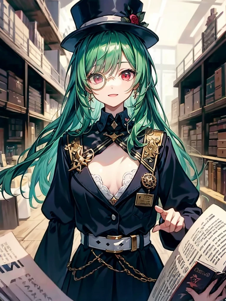 (((masterpiece、Highest image quality、highest quality、highly detailed unity 8kwallpaper)))、((Illustration of one girl、upper body))、(((beautiful girl)))、(librarian)、(Emerald green hair、messy hair、sidelocks:1.2、red eyes、crazy smile)、(((flat chest)))、(((monocle)))、pocket watch、(((Black top hat、Black tuxedo、belt)))、great medieval library、Large amount of books