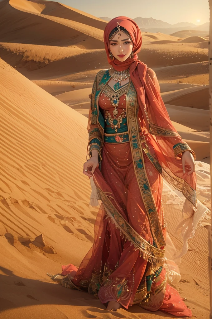 (best quality,4k,8k,highres,masterpiece:1.2),ultra-detailed,(realistic,photorealistic,photo-realistic:1.37),arab girl in arab dresses,ornate and vibrant patterns,expressive eyes and captivating smile,traditional headscarf and jewelry,flowing and intricate designs on the dresses and hijabs,delicate embroidery and beading,graceful posture and confident demeanor,dreamy desert landscape as the background,sunlight casting a warm glow on the scene,artsy and colorful depiction,portraits,rich and earthy color palette,lens flare effects,gorgeous sand dunes in the distance,intertwined culture and tradition,contemporary and traditional fusion,modern take on arab fashion,celebration of diversity and beauty,refined and elegant style,attention to cultural details
