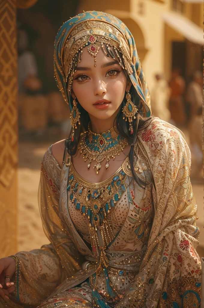 (best quality,4k,8k,highres,masterpiece:1.2),ultra-detailed,(realistic,photorealistic,photo-realistic:1.37),arab girl in arab dresses,ornate and vibrant patterns,expressive eyes and captivating smile,traditional headscarf and jewelry,flowing and intricate designs on the dresses and hijabs,delicate embroidery and beading,graceful posture and confident demeanor,dreamy desert landscape as the background,sunlight casting a warm glow on the scene,artsy and colorful depiction,portraits,rich and earthy color palette,lens flare effects,gorgeous sand dunes in the distance,intertwined culture and tradition,contemporary and traditional fusion,modern take on arab fashion,celebration of diversity and beauty,refined and elegant style,attention to cultural details
